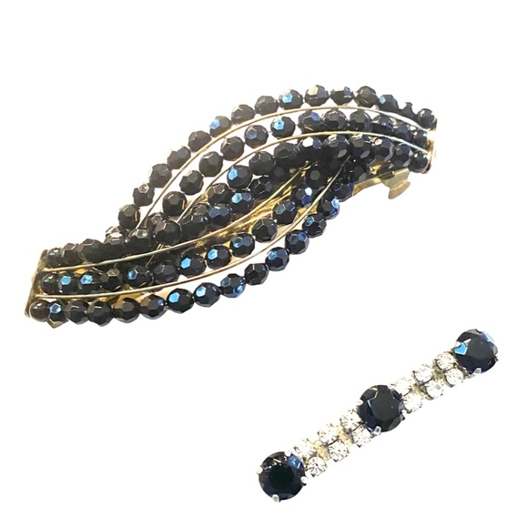 Vintage Style Beaded Black Barrette Duo - Picture 2 of 6